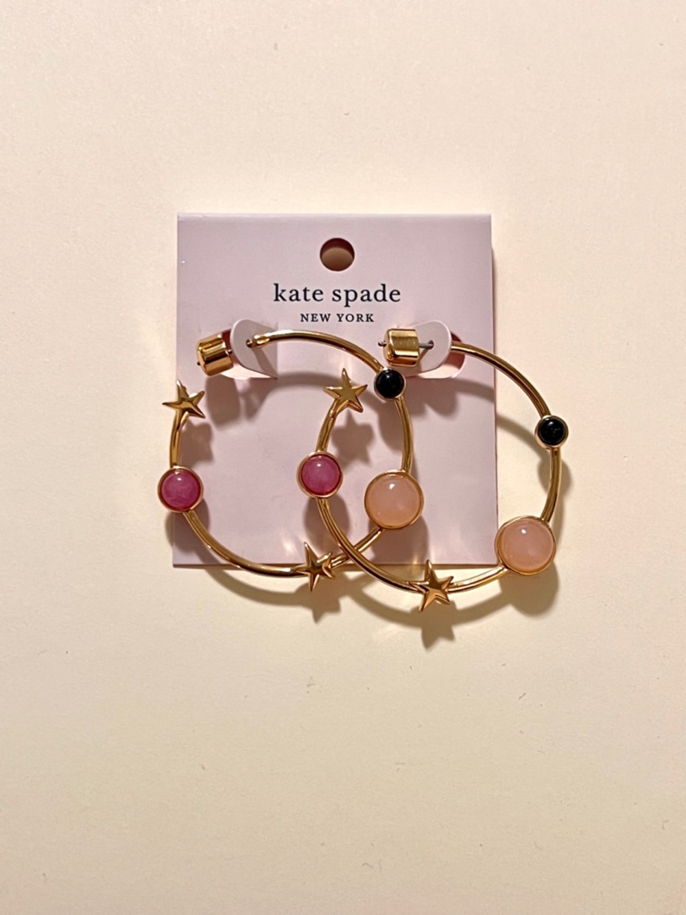 kate spade Gold Hoop Star Earrings with Pink and Black Stones - Picture 3 of 3